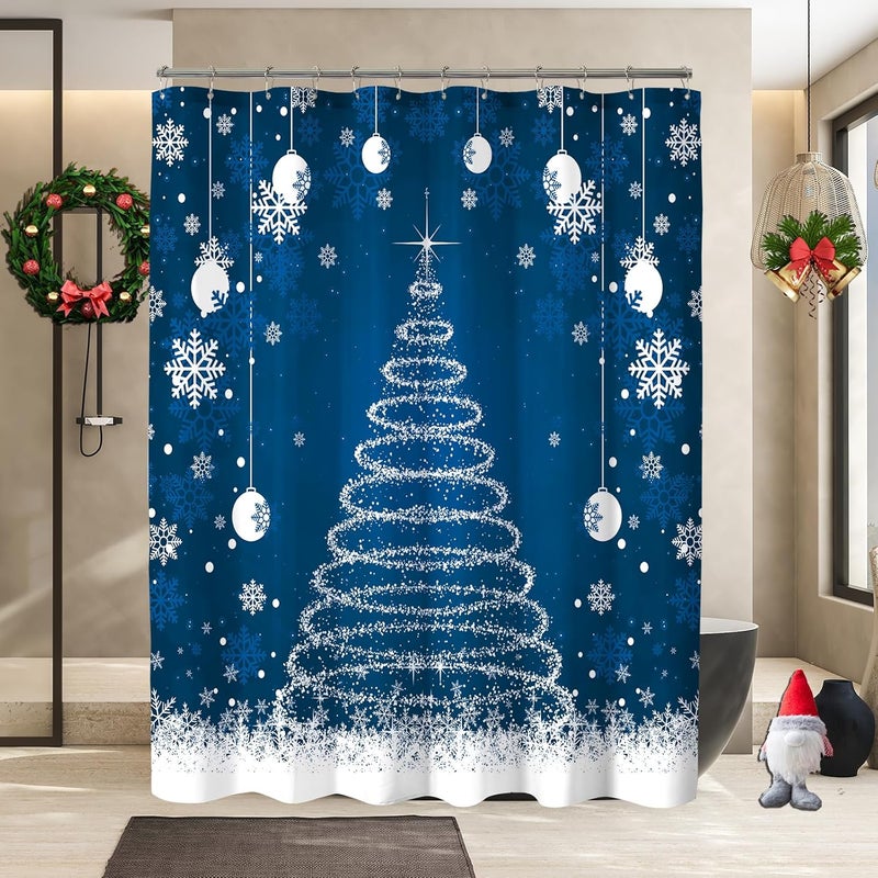 YOSTEV Christmas Shower Curtain, Blue Christmas Snowflakes Shower Curtains for Bathroom Decor, Winter Holiday Shower Curtain, Xmas Funny Glitter Sparkle Tree Fabric Cloth Bath Curtain, 72x72 Inch - Image 2